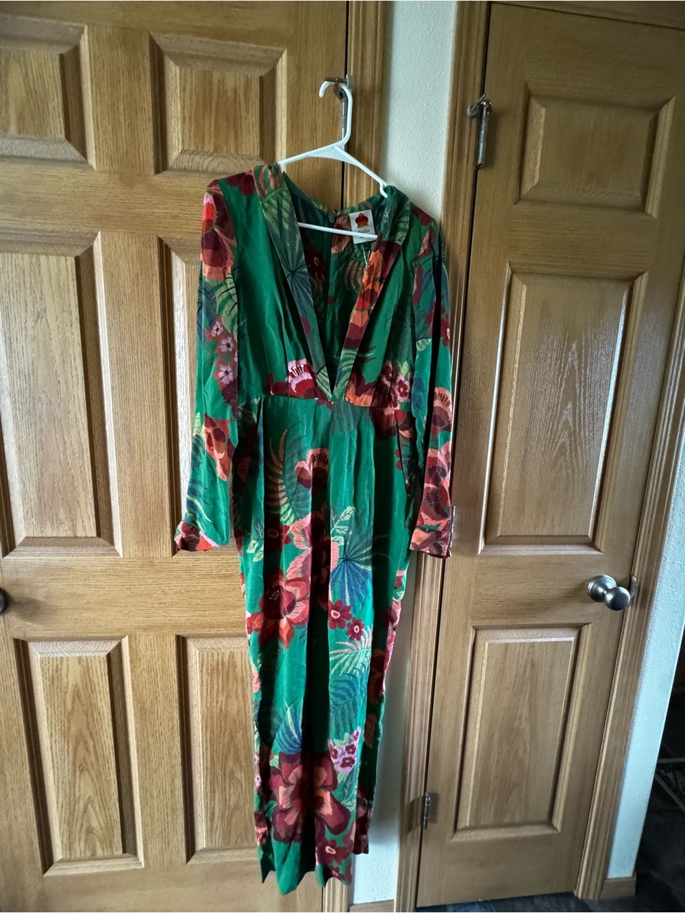 FARM Rio Green Floral Maxi Dress with Red and Pink Accents